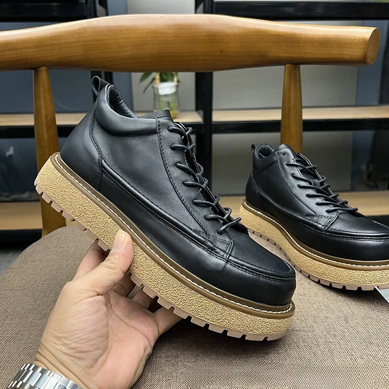 

Cross-border autumn and winter men's breathable leather tooling boots velvet casual medium boots