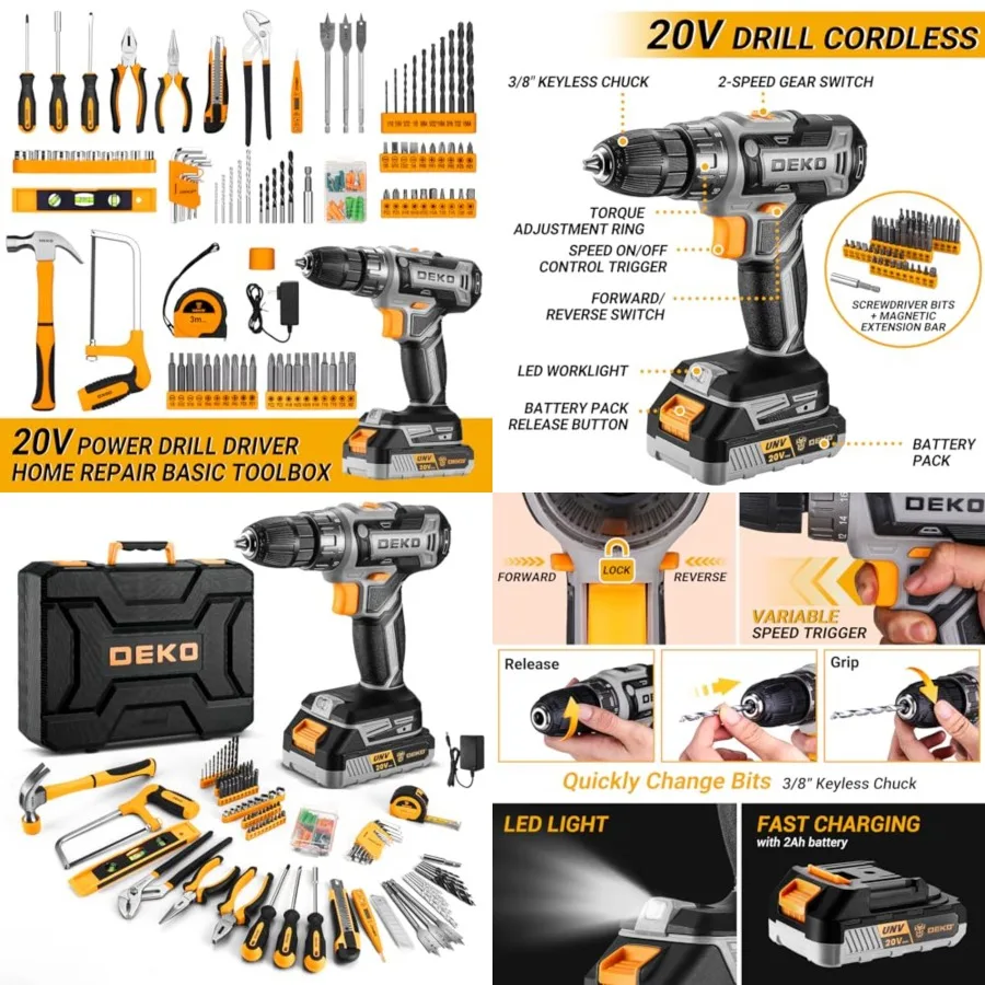 Cordless Drill Tool Kit Set: 20V Power Drill Tool Box with Battery Electric Drill Driver for Men Home Hand Repair Basic Toolbox