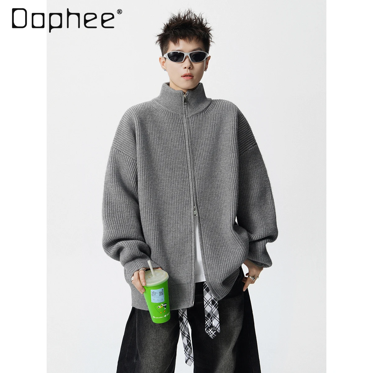 

Американский стиль, двойная молния, цветочный серый вязаный кардиган с воротником-стойкой, мужской осенне-зимний свободный повседневный универсальный черный свитер