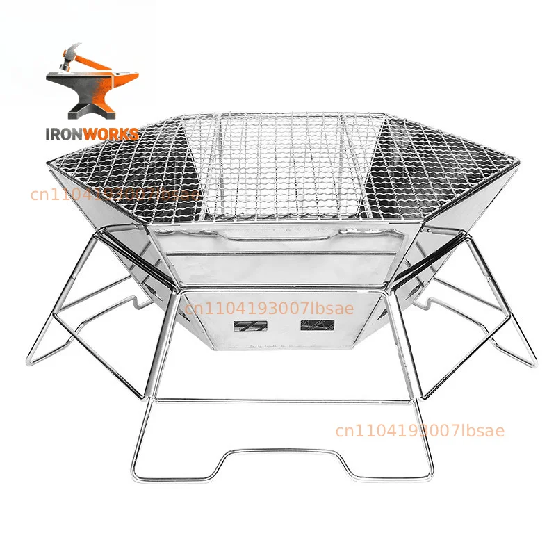 Outdoor Stainless Steel BBQ Folding Stove Portable Hexagonal Firewood Charcoal Stove Camping Incinerator Tea Boiler