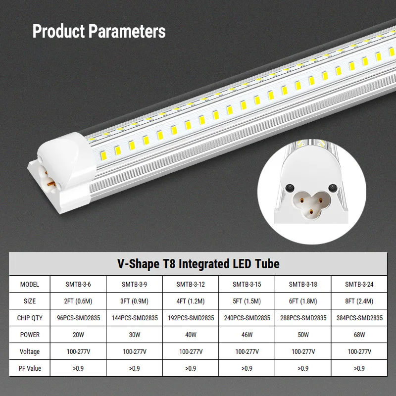 10pack/lot,T8 Integrated V Shape LED Tube Light 2FT 4FT 5FT 6FT 8FT Double Side Lighting Fluorescent Replacement AC85-265V