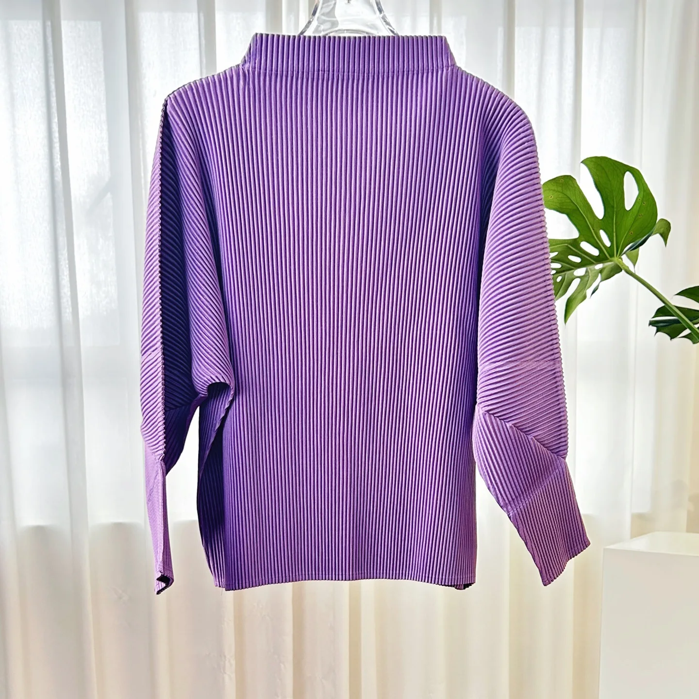 Miyake Pleated Blouse Women Mock Neck Batwing Long Sleeve Loose Wrinkle‑Resistant Casual Pullover Pleated Top