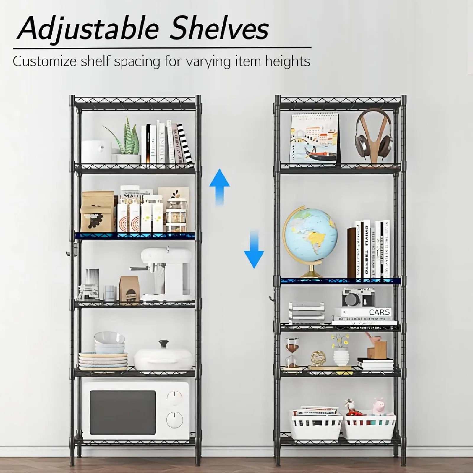 Homdox 6-Tier Storage Shelf Wire Shelving Unit Free Standing Rack Organization Adjustable Leveling Feet, Stainless Side Hooks