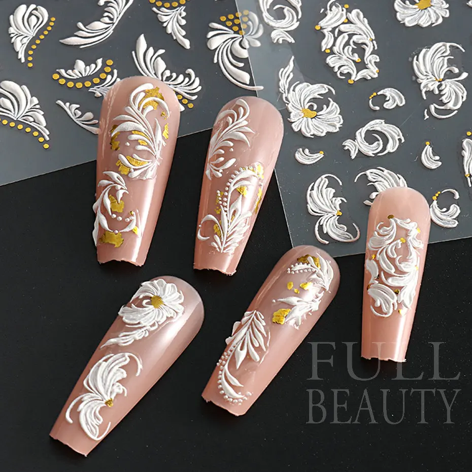 5D Embossed White Flowers Nails Stickers Bride Wedding Relief Sliders Summer Gorgeous Gold Design Decals Nail Decoration 5D-K168