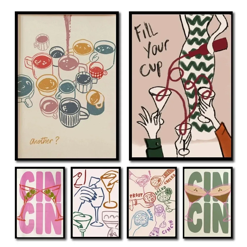 Wine Alcohol Cheers Print Retro Poster Bar Cart Canvas Painting Decor Drinks Gift Home Living Room Bathroom Decor