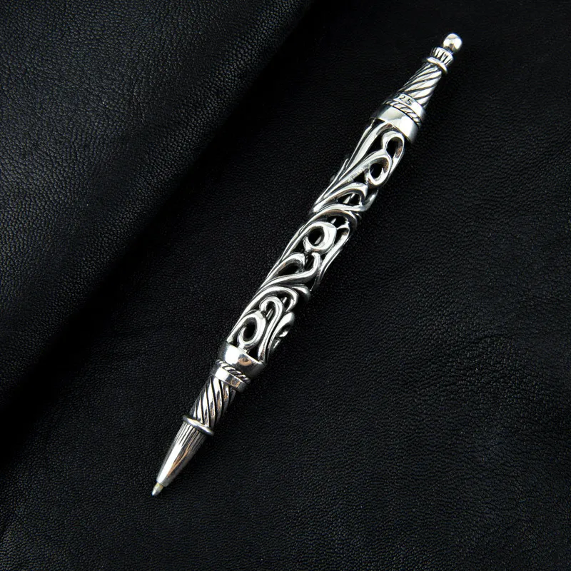 Classic and Elegant Gift Men's Pure Silver Antique Tang Grass Pattern Ballpoint Pen Retro Individual Block Office Signature Pen