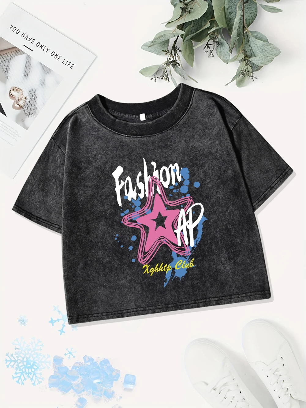 

Летние хлопковые укороченные топы, женские модные граффити с принтом пентаграммы, потертая футболка, повседневные футболки обычного кроя с круглым вырезом, уличная одежда