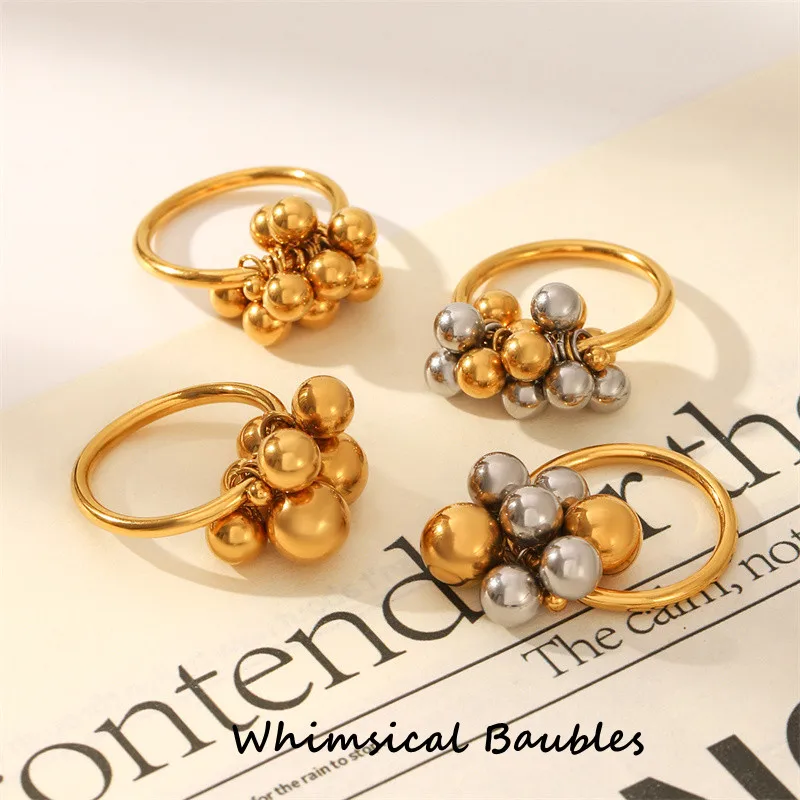 

Gold and Silver Bead Adjustable Grape Ring Minimalist Design Fashion Jewelry 18K Gold Plated Stainless Steel