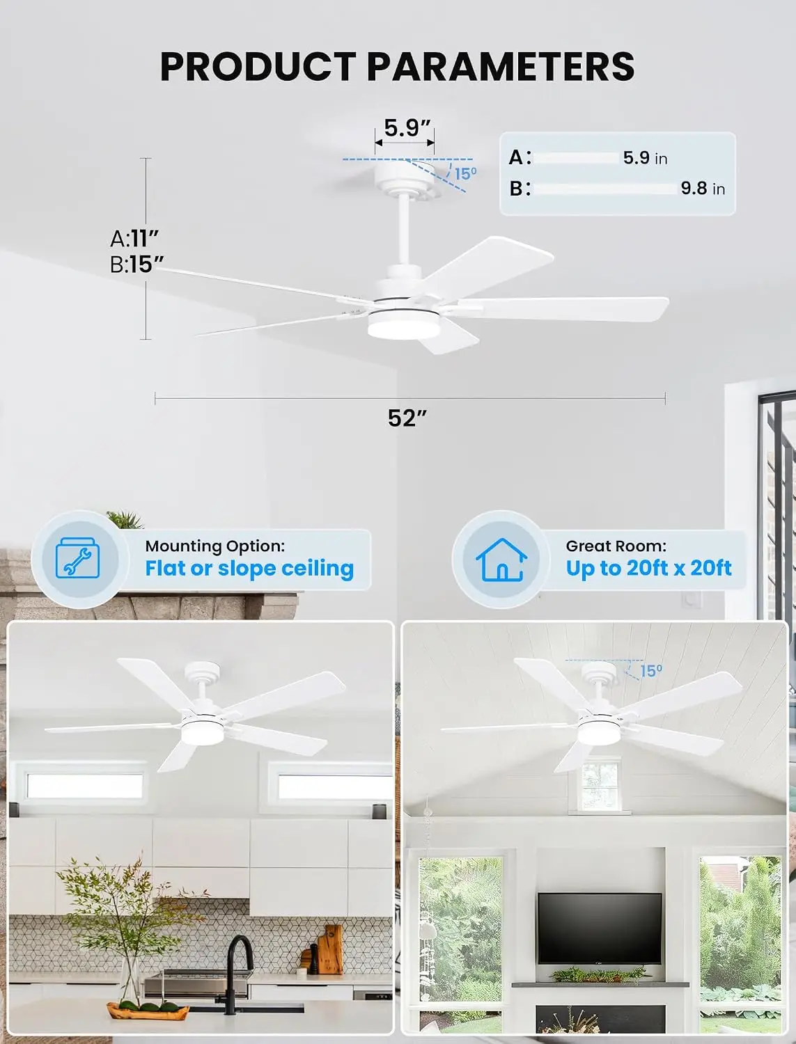 52 Inch White Ceiling Fan with Light and Remote, Downrod Mount for Sloped Ceilings up to 15°, Quiet Reversible DC Motor, 3CCT Dimmable LED, Ideal for Bedroom and Living Room