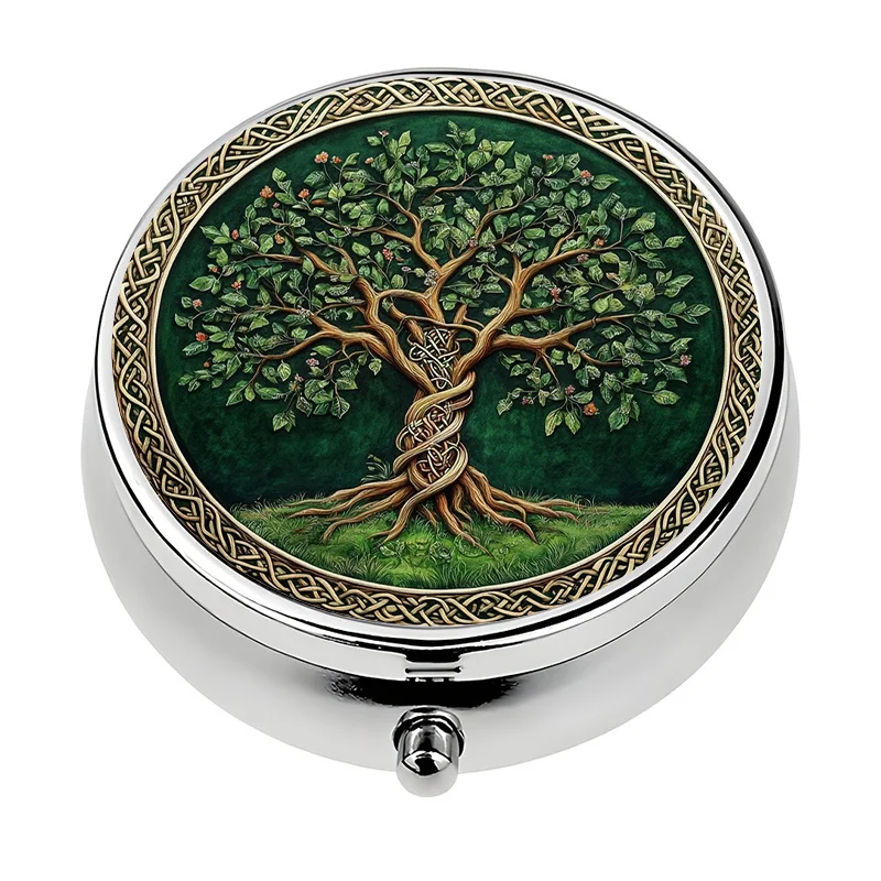 Single-piece, flat, round three-compartment box, designed with a circular Tree of Life pattern, moisture-proof storage, soothing to the mind, suitable as a practical gift for a girlfriend, made of metal