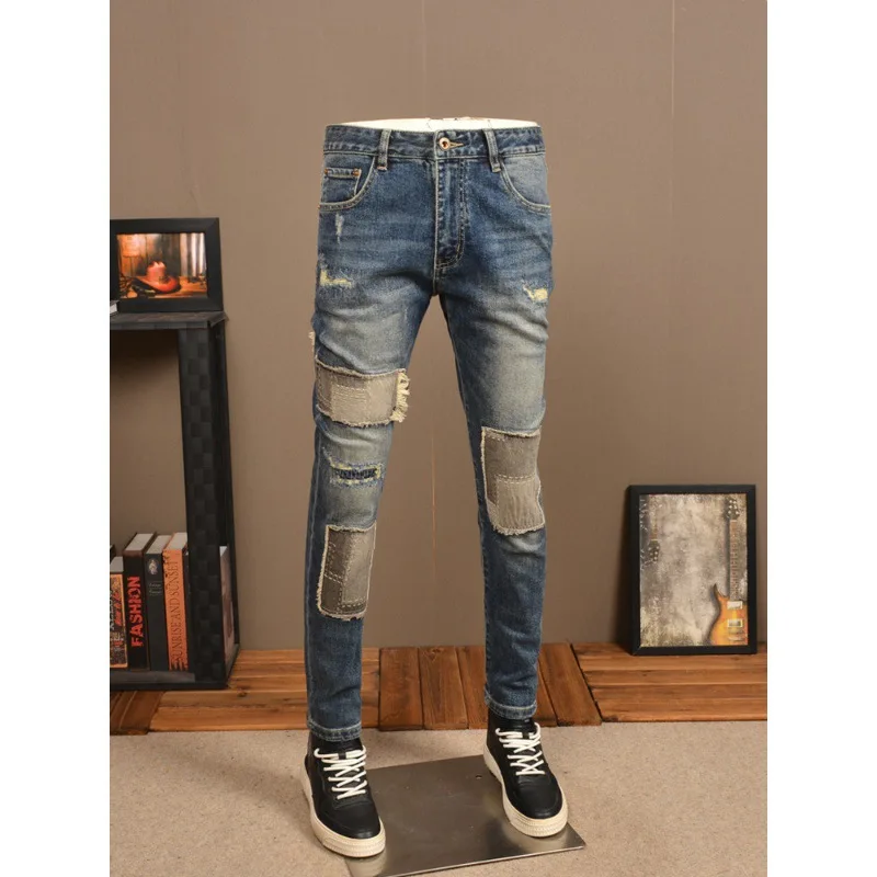 New Vintage Made Old Ripped Men'S Jeans Fashion Brand Straight Leg Slim Stretch Patch High-End Casual Denim Pants