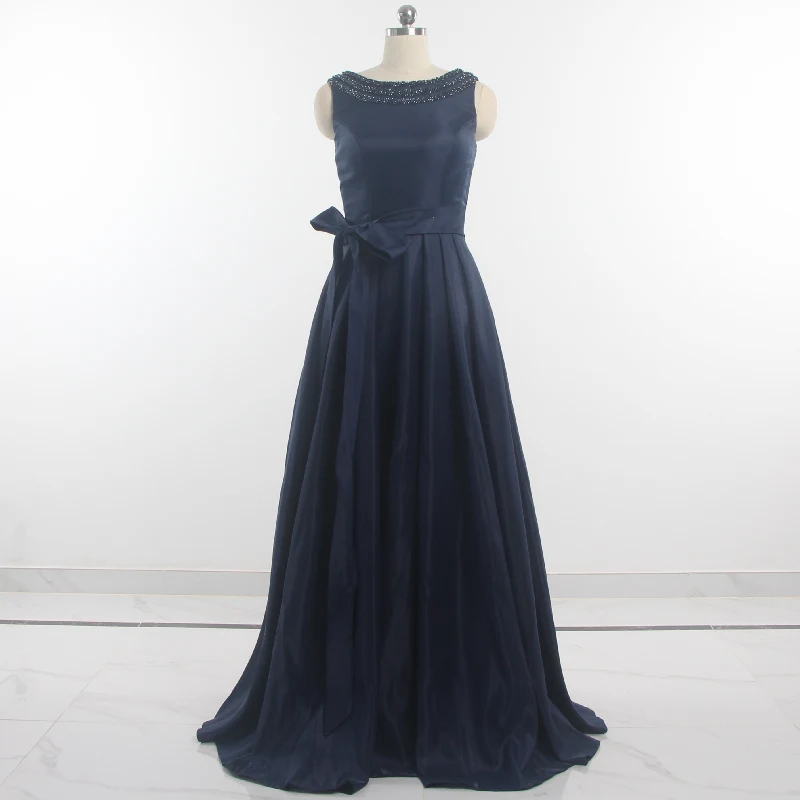 

Evening Dresses O-neck Navy Blue Beading Classic A-line Floor length Sleeveless Lace up Bows 2022 Women Party Formal Dress X054