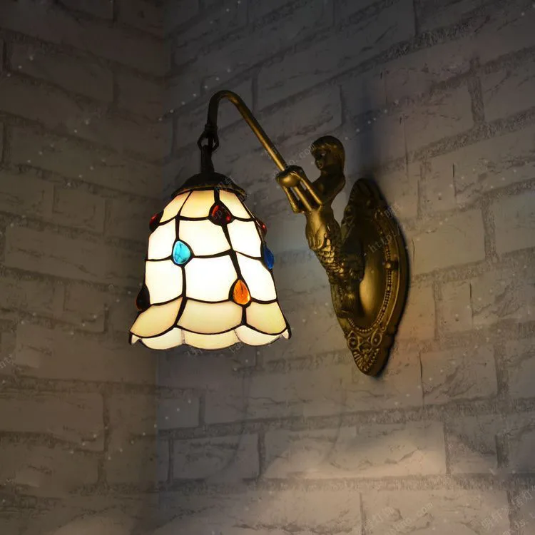 Simple Modern European Style Led Frosted Glass Tiffany Bedside Bedroom Lamp Mermaid Peacock Tail Wall Sconce