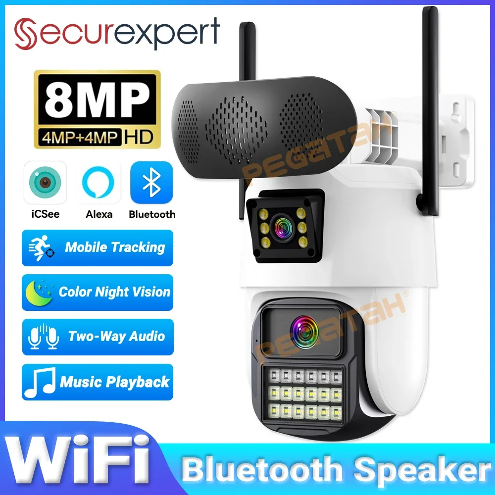 

8-мегапиксельная Wi-Fi камера безопасности, музыкальный плеер с Bluetooth-динамиком, двойной объектив, автоматическое отслеживание, IP-камера видеонаблюдения, двойной экран, доступ NVR iCSee APP