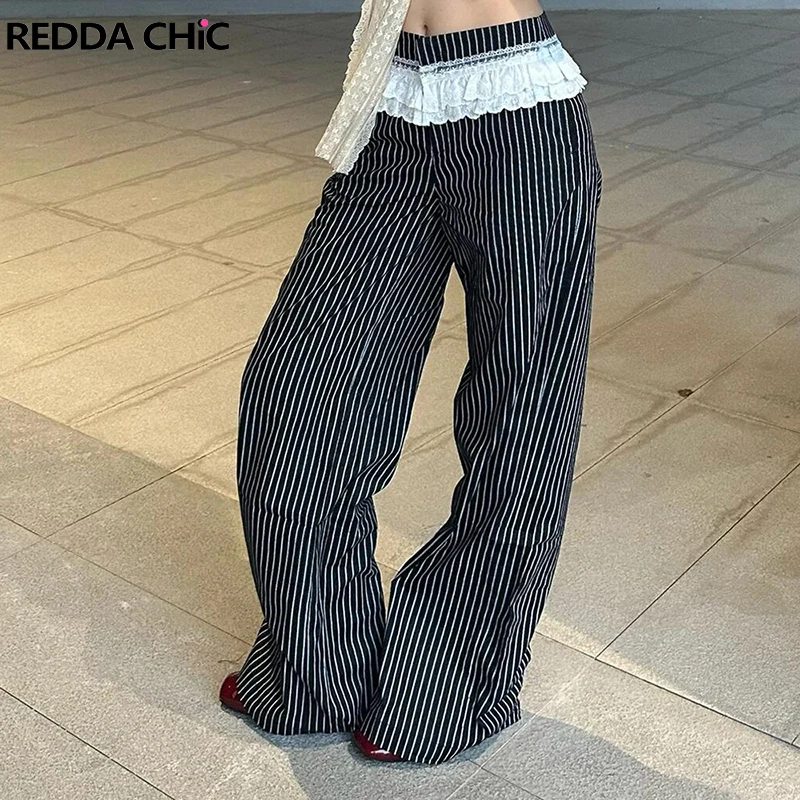 

ReddaChic Лоскутные кружевные женские брюки-палаццо контрастные полосатые принты свободного покроя с наклонными карманами широкие брюки рабочие повседневные брюки
