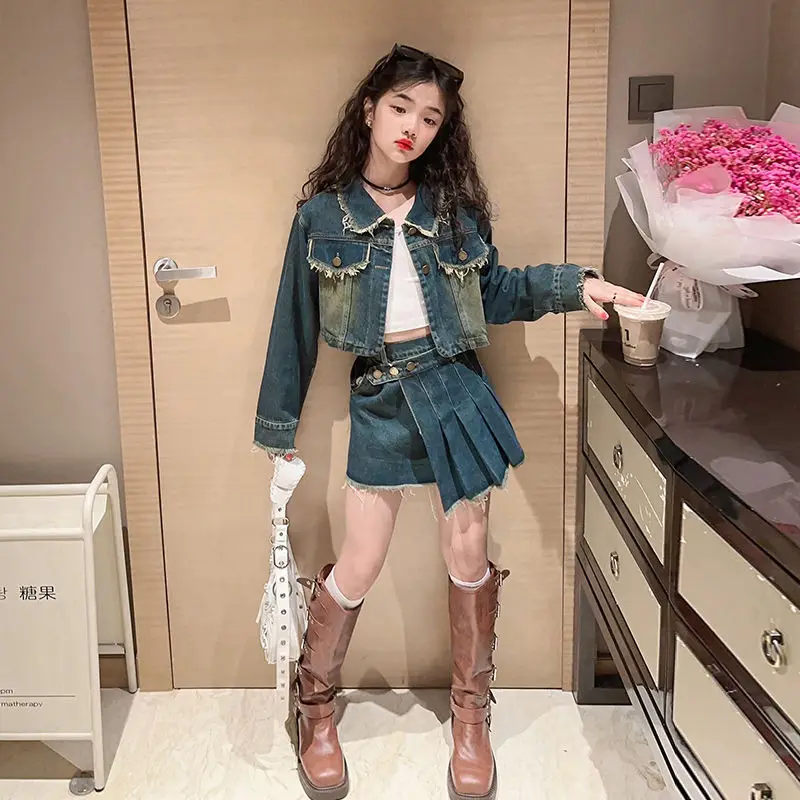 

Vintage girls Denim Skirt clothes Set short jacket+Irregular skirt 2pcs kids suit Childrens clothing outfits ensembles de jupes