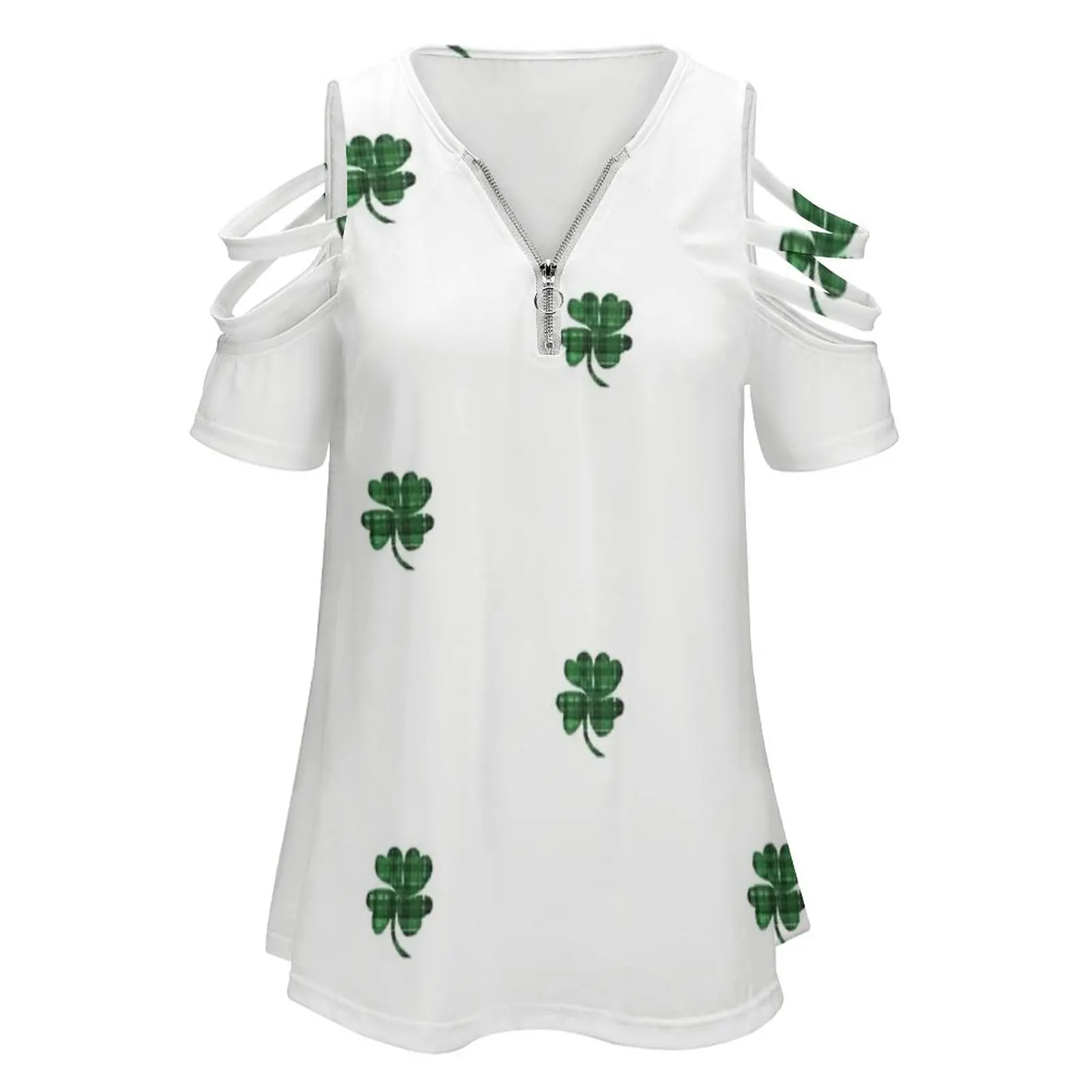 Four Leaf Plaid Clover Women Zipper Sexy Printed Vintage T Shirts Tops Full Print T-Shirt St Patricks Day Art St Patricks Day