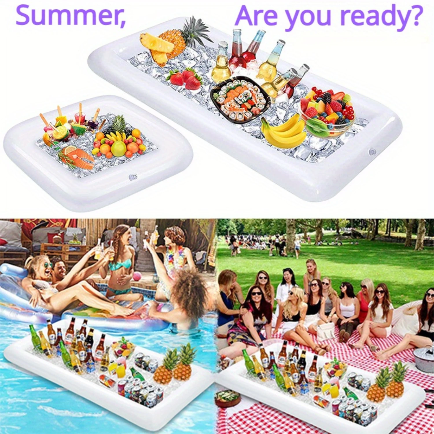 PVC Inflatable Ice Serving  Tray for Pool Party, 1pc Floating Buffet Cooler, Non- Fruit & Drink Holder for Summer Outdoor Events