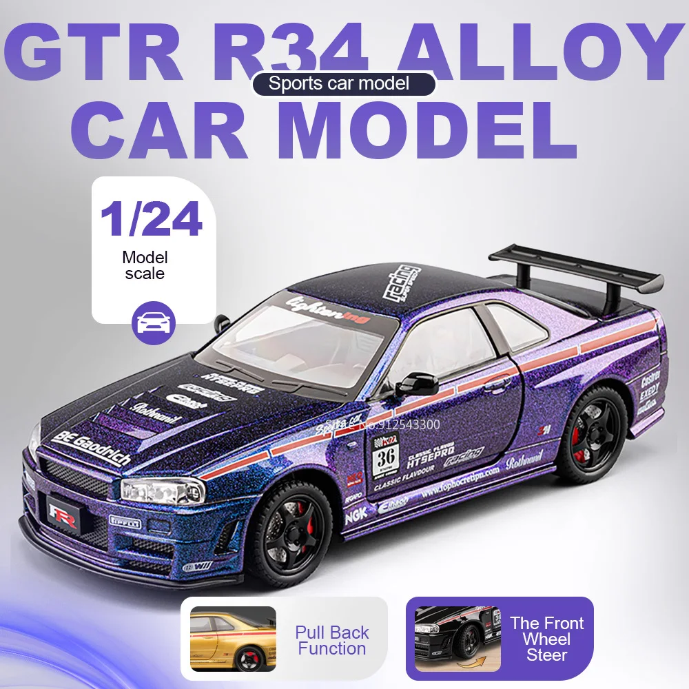 

1:24 GTR-R34 Skyline Car Model Toy Doors Opened Front Wheel Steer Models Pull Back Shock Absorption Vehicle for Husband Surprise