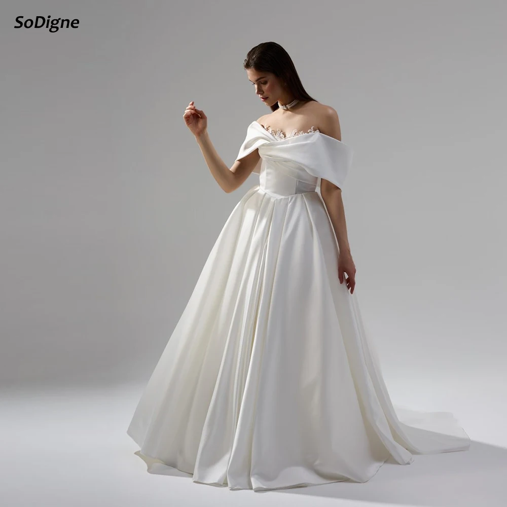 

SoDigne A-line Satin Appliques Bride Dresses Off Shoulder Wedding Dress Beach Long Bridal Gowns Robe De Mairee Customized