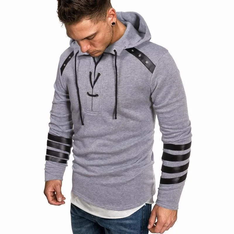 Men's Autumn and Winter Hooded Casual Personality Fashion Hoodie Patchwork Leather Long Sleeve Strap Pullover Top