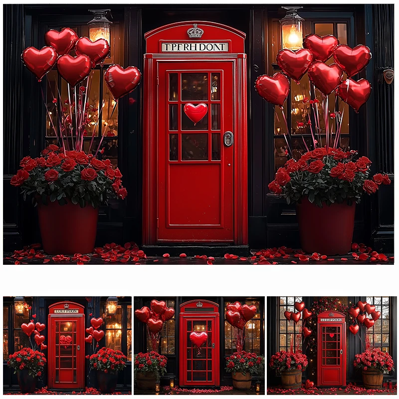 

LS February 14th Valentine's Day Photography Background Child Adult Props Rose Telephone Booths Red Heart Decors Backdrops