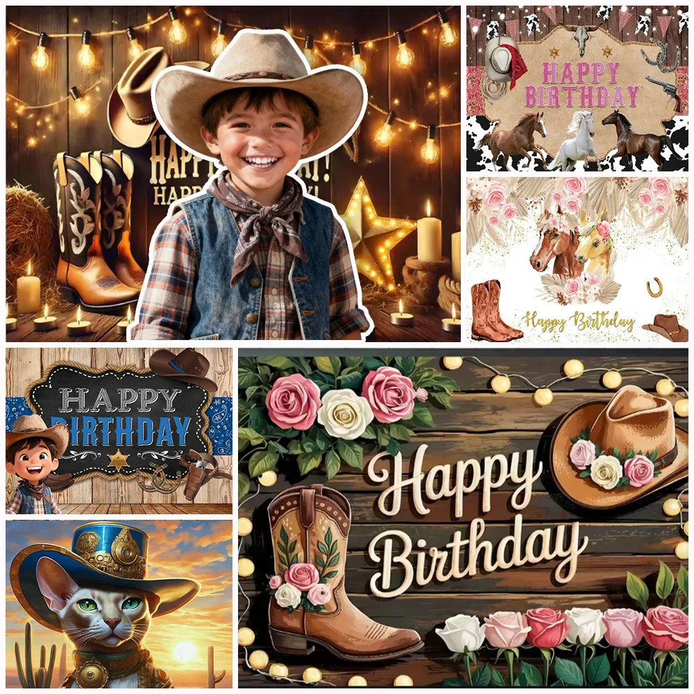

Western Cowboy Background Decoration Horse Boots Wild Cactus Farm Backdrop Banner Children's Birthday Party Photography Props