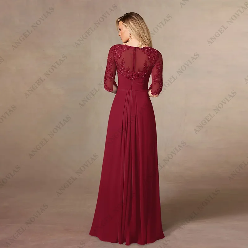 Customized Long Red Chiffon Mother of the Bride Dresses with Sleeves Wedding Party Dress vestidos de fiestas elegantes mujer