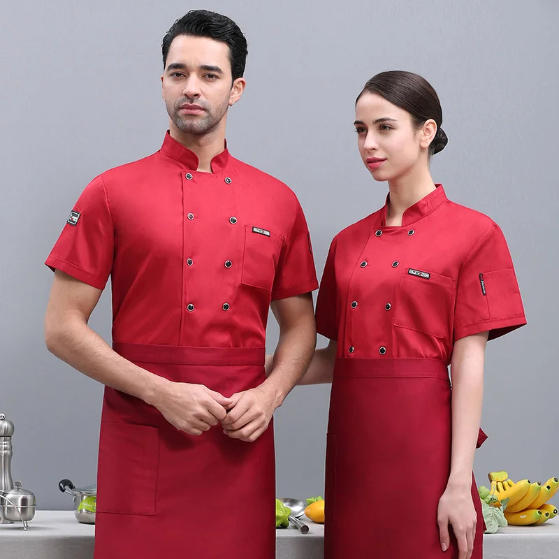 Haut de Chef d'été respirant, 4 couleurs, avec tablier, vêtements de serveur de Restaurant, unisexe, uniforme d'hôtel de boulanger à manches courtes (haut + tablier)