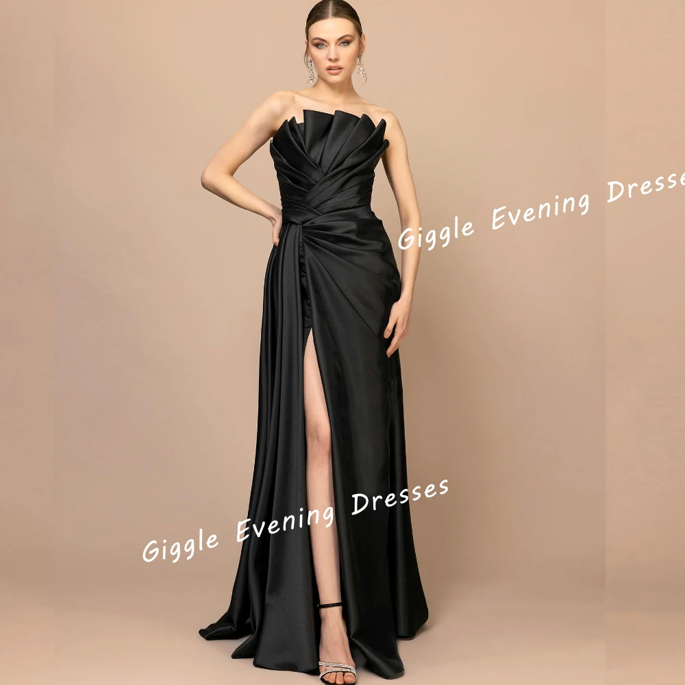 Giggle Satin Strapless Pleating A-Line Elegance Prom Gown Saudi Arab Slit Floor-Length Evening Party Dresses for Women 2024