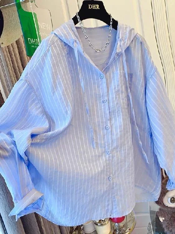 

plus Size Women's Striped Hooded Shirt Summer Casual Sun Protection Thin Outerwear Korean Style Loose Fit Long Sleeve Polyest...