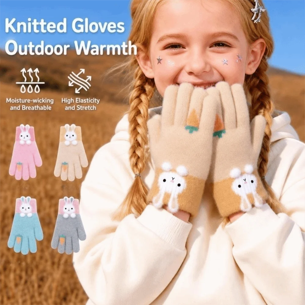 Winter Warm High Elasticity Cartoon Rabbit Gloves Thickened Windproof Knitted Gloves Lining Kids Hand Warmers For Baby Girls