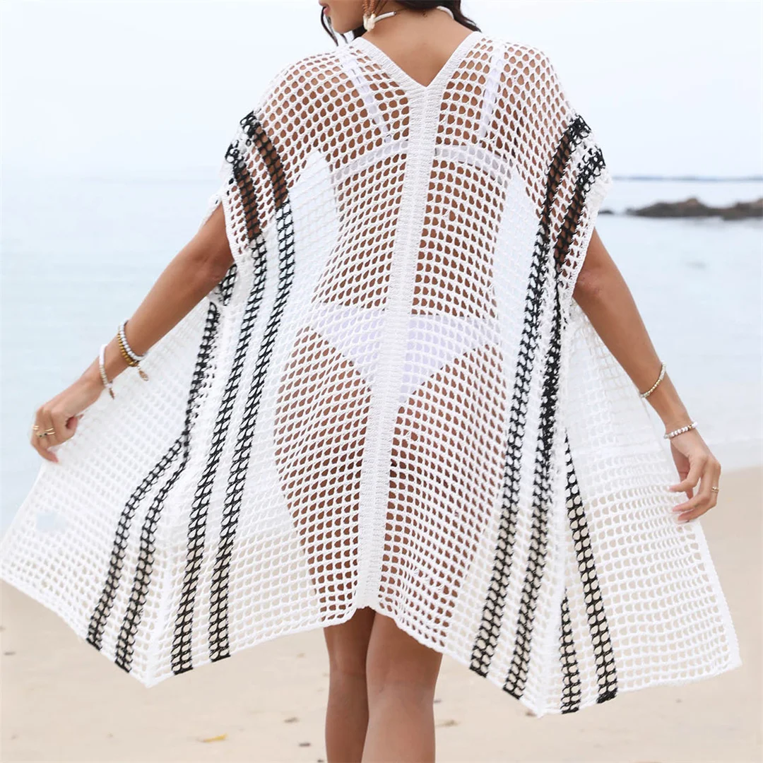 2026 Ausgehöhltes Kurzarm-Häkel-Strick-Tunika Strandkleid Strandkleidung Strandmode Strandüberwurf Damen V6593 – Detail 13