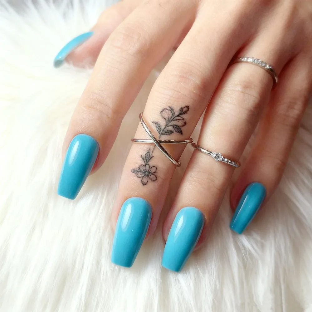 48Pcs Shiny Light Blue Acrylic False Nails Press On Fake Nails With Glue For Woman Long Ballerina Coffin Fingernails Manicure