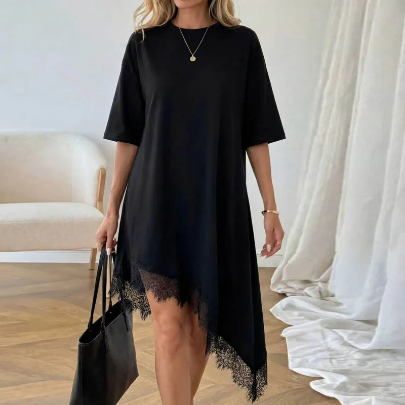 Vestidos para Mujer, Nuevo Vestido de Verano de Manga Corta con Cuello Redondo, Vestido Blanco Asimétrico con Encaje, Vestidos de Verano para Mujer Q4120