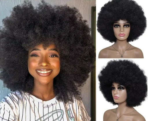 Afro Wigs for Women Curly Afro Wig 70s Large Bouncy and Soft Natural Looking Afro Kinky Wig with Bangs Synthetic Hair Black