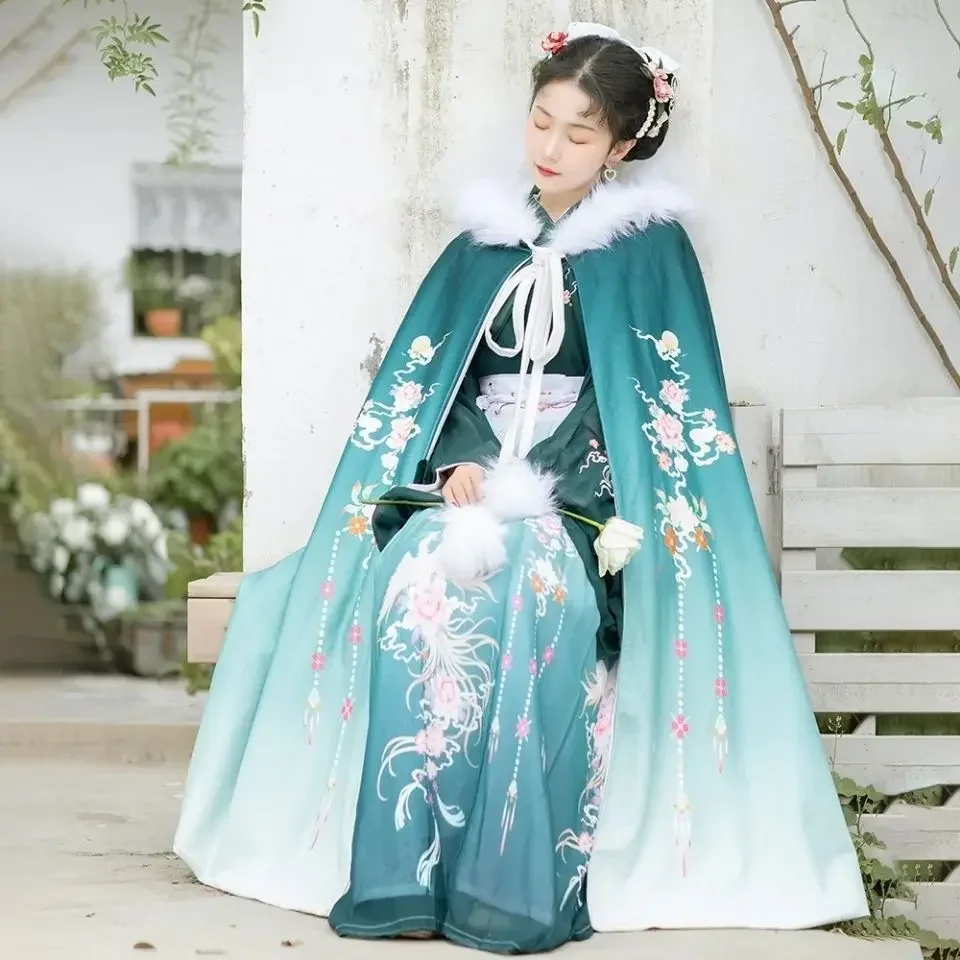 Traditional Hanfu Cloak Women Winter Printed Plush Thickened Mid Length Coat Fairy Daily Style Traditional Chinese Clothing