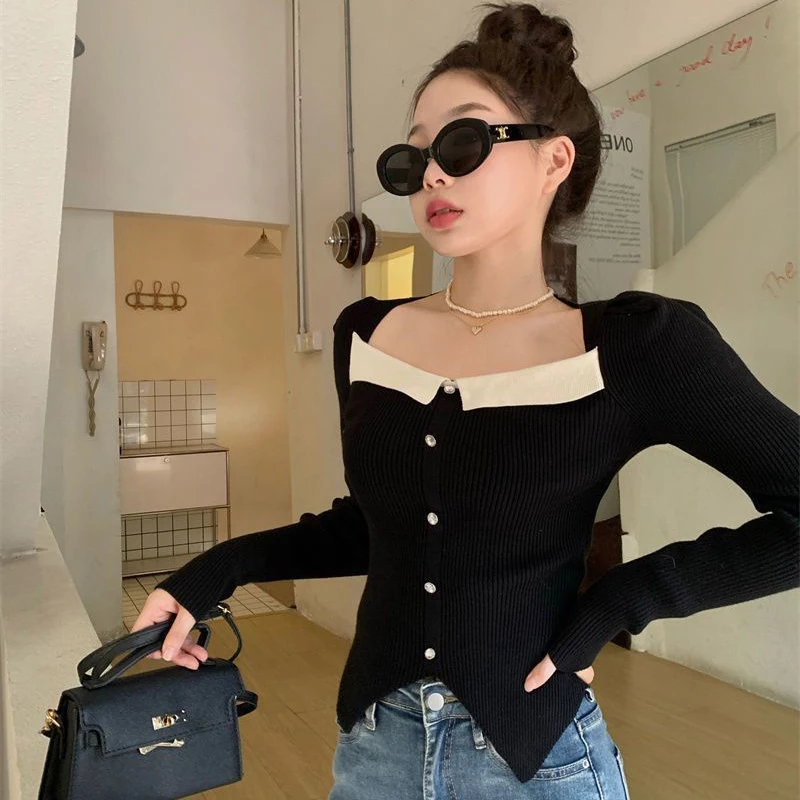 Y2K Women Knitted Chic Shirts Korean Patchwork Slim Female Casual Blouse Autumn New All Match Square Collar Ladies Crop Tops