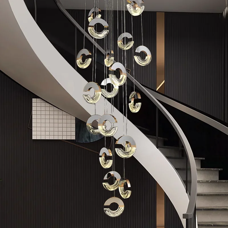 

2025 New C-shaped Crystal Staircase Pendant Light Modern Luxury Villa Duplex Penthouse Apartment Living Room Kitchen Accessories