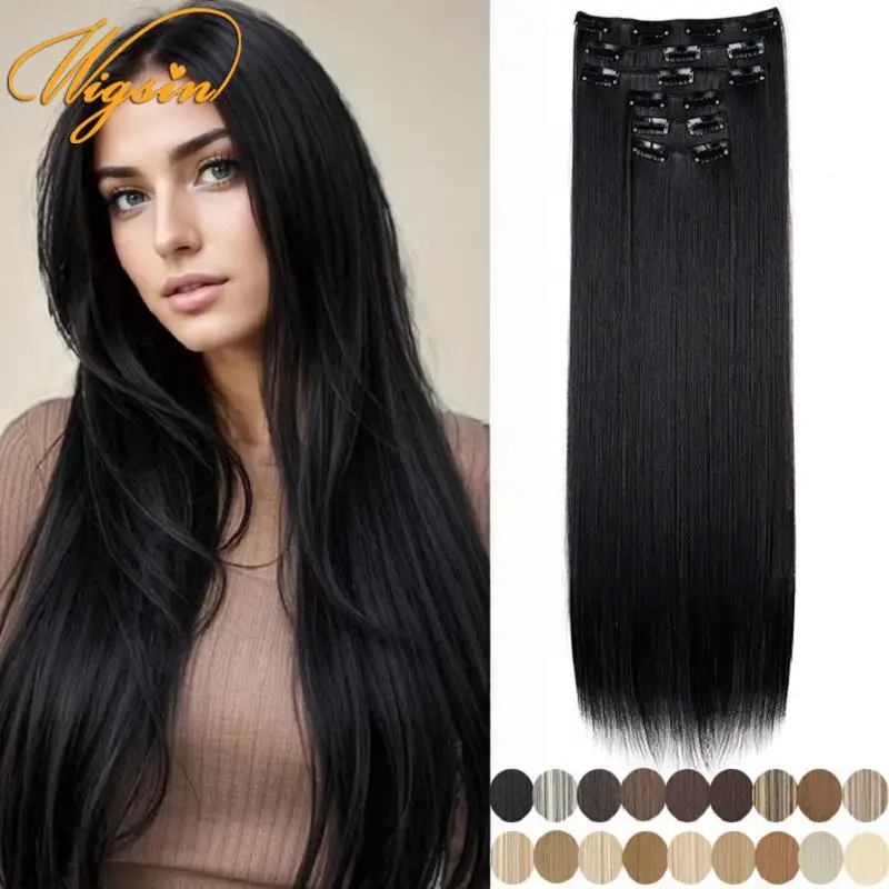 WIGSIN syntetyczne 6 sztuk/zestaw 24 Cal długie proste doczepiane włosy Clip-in żaroodporne czarne blond treska dla kobiet