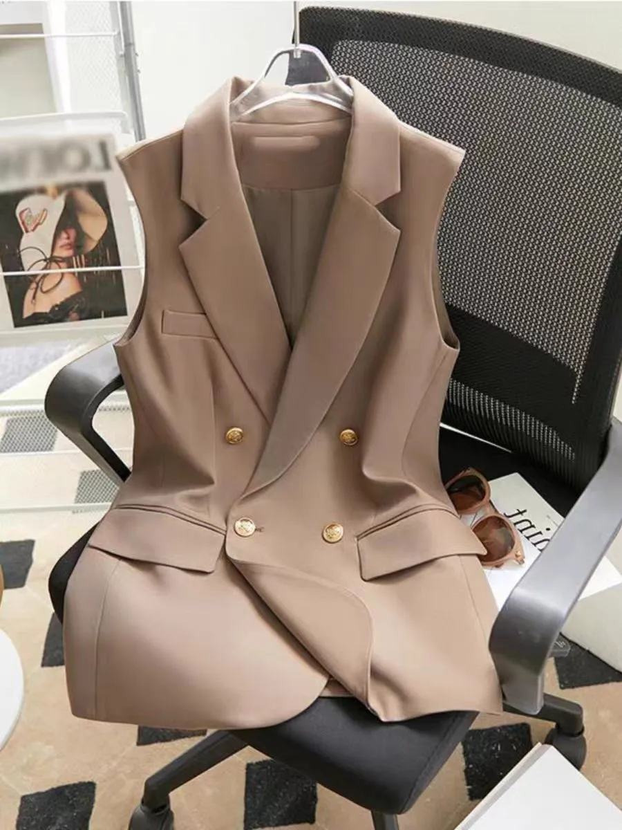 

2025 New Notched Coffee Color Double Breasted Sleeveless Tank Blazer Women Vests Jacket Spring Summer Korean Temperament Coats