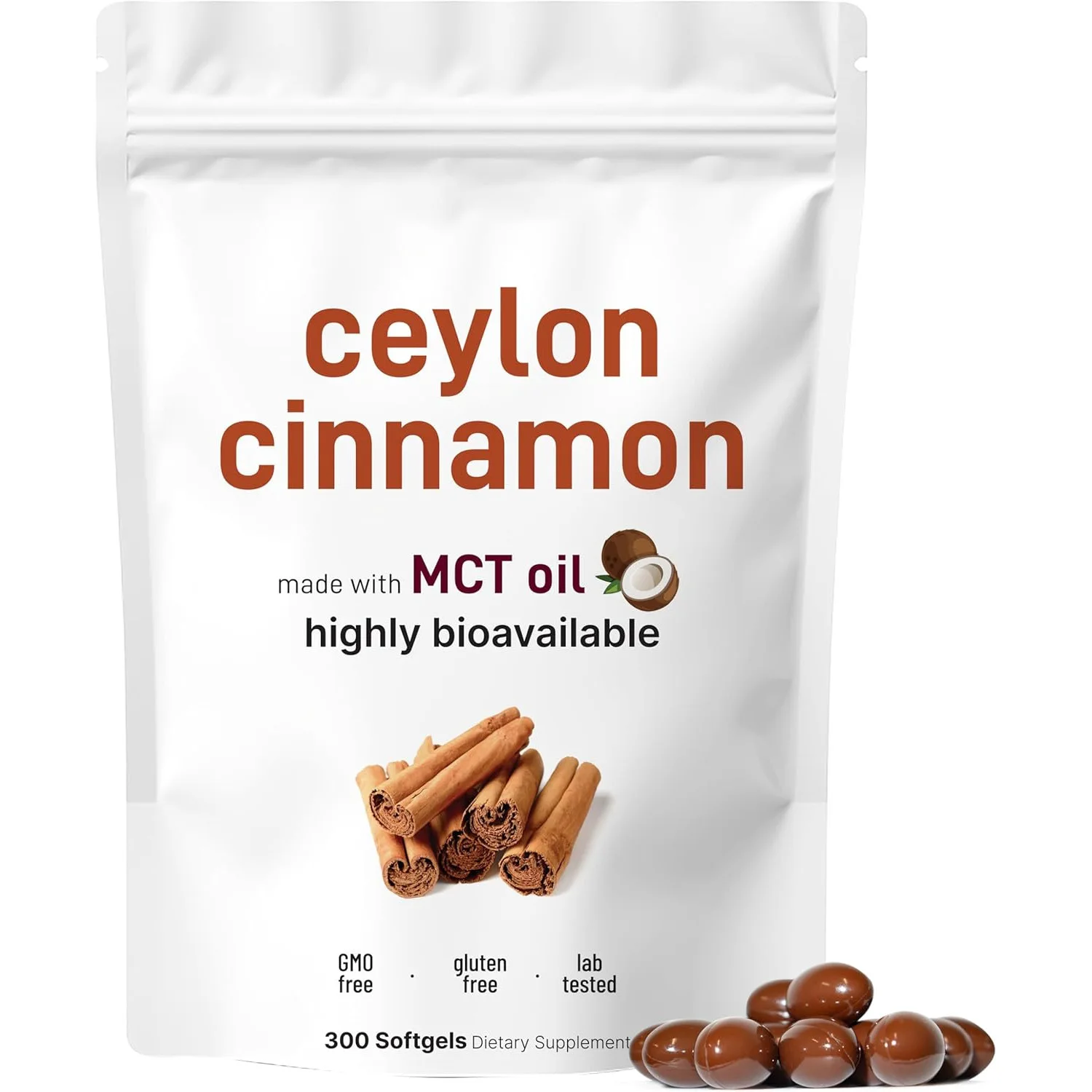 Ceylon Cinnamon Capsules - 300 Softgels with MCT Oil Highly Bioavailable Herbal Extract Antioxidant & Sugar Monitor Support