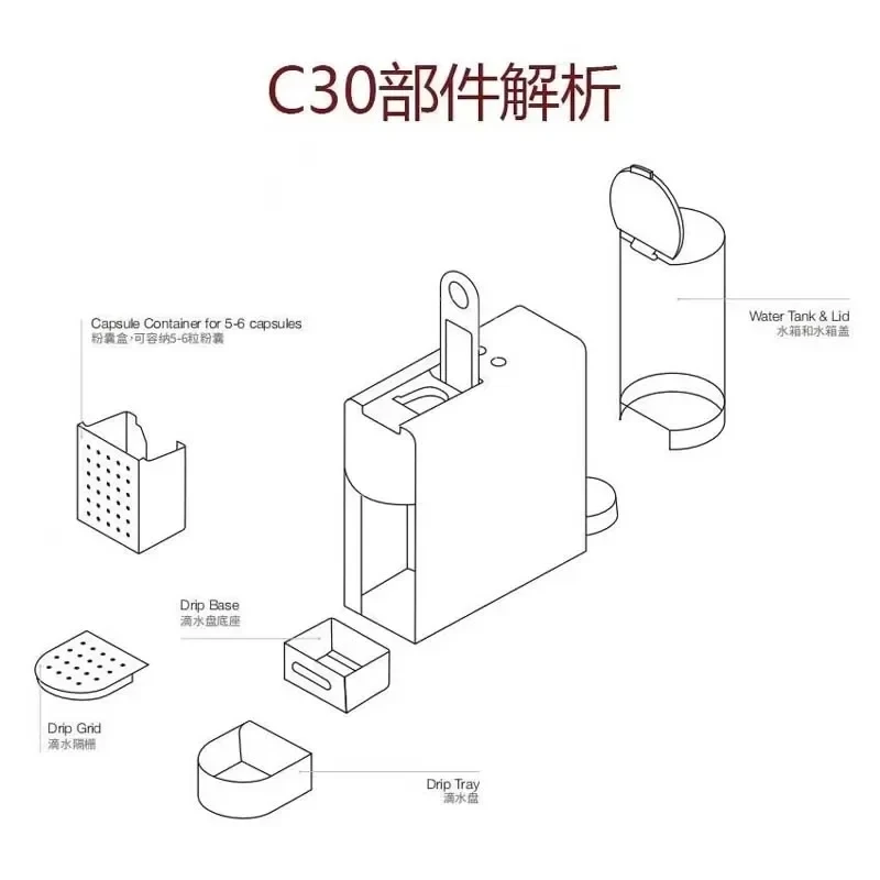 Suitable for Nespresso Capsule Coffee Machine, Drip Tray, Recycling Box, Water Tank, Nestle NESPRESSO C30