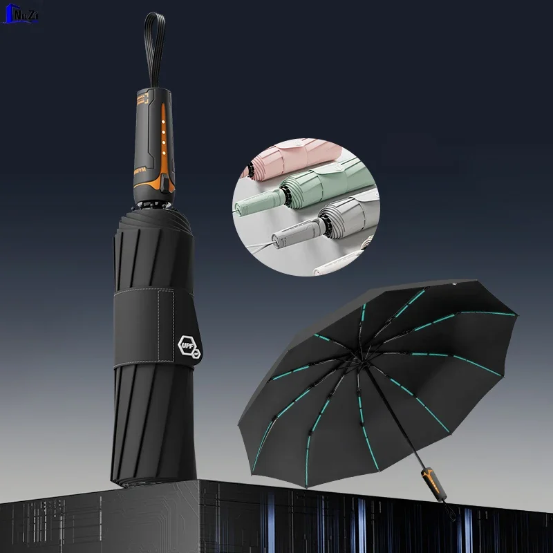 10-Rib Automatic Umbrella with 3+3 Reinforced Frame, Wide Fastening Strap & Mechanical Handle, Black Glue Coated UV Protection S