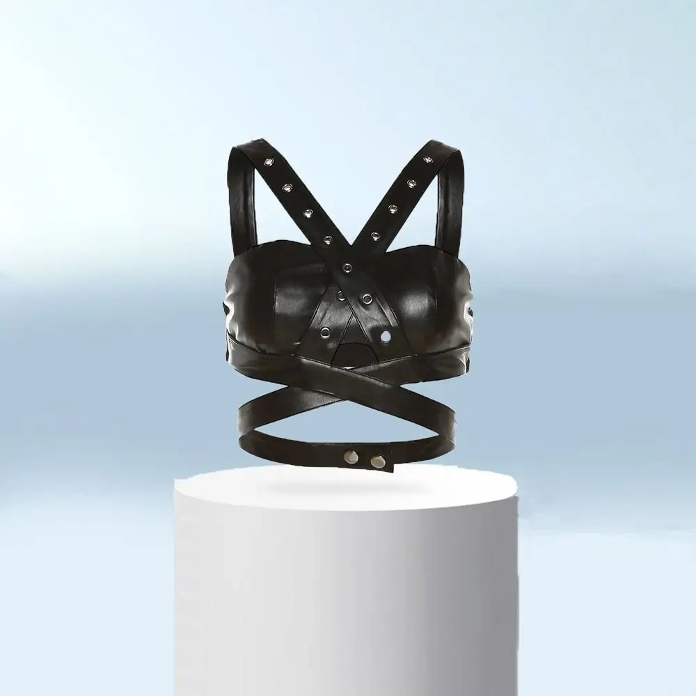 Spicy Girl Style Deep V-neck Punk Backless Tops PU Leather Hollow Women Slim Vest Tank Y2K Sleeveless Crop Top Ladies