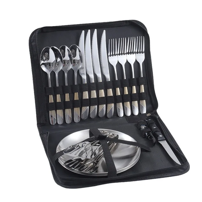 Deluxe outdoor tableware set, stainless steel knife, fork, spoon, steak knife, food clip, convenient tableware