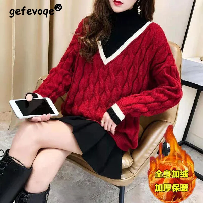 Women Trendy Patchwork Twist Streetwear Plush Thick Knitted Sweater Autumn Winter Casual Long Sleeve Loose Pullover Tops Jumpers