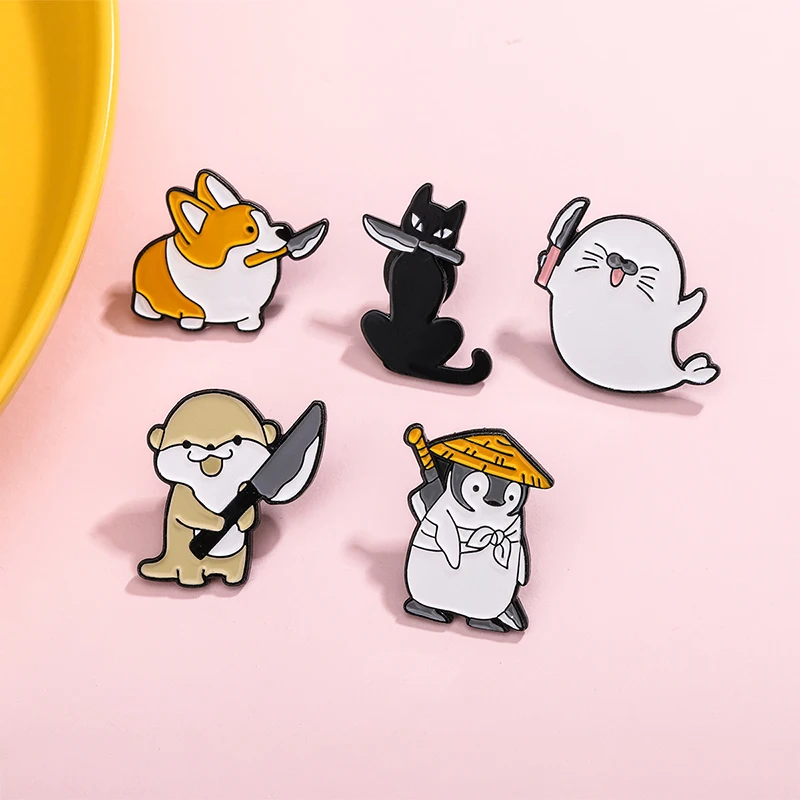 Animals and knives Brooches Penguin dog cat sea otter seal cute animal pin Baking paint Alloy jewelry badge gift