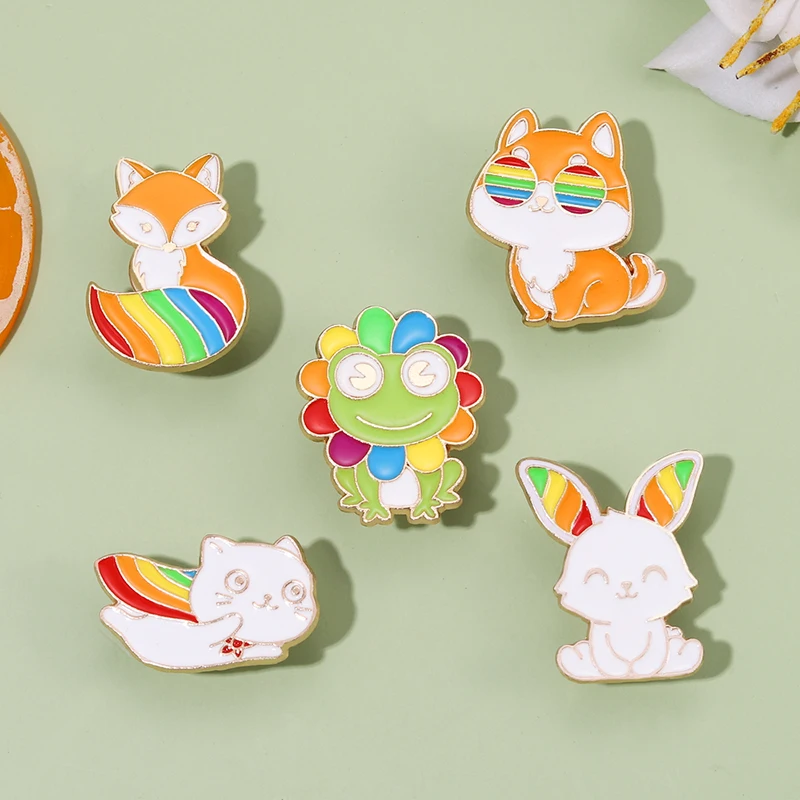 Rainbow Animal Enamel Pin LGBT Badge Frog Cat Rabbit Brooch Dog Fox Friendship Lapel Bag Hat Custom Jewelry Lover Gift