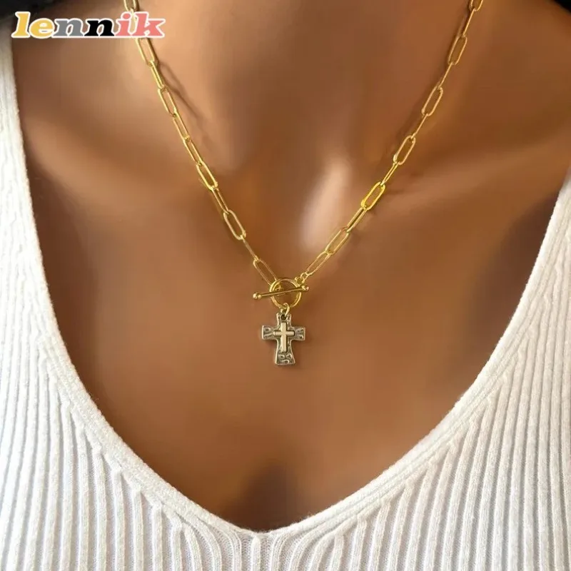 Büroklammer-Kettenhalskette, gehämmerter Kreuzanhänger mit christlichem Symbolismus, klobiger Hip-Hop-Modeschmuck für Damen, europäischer Stil